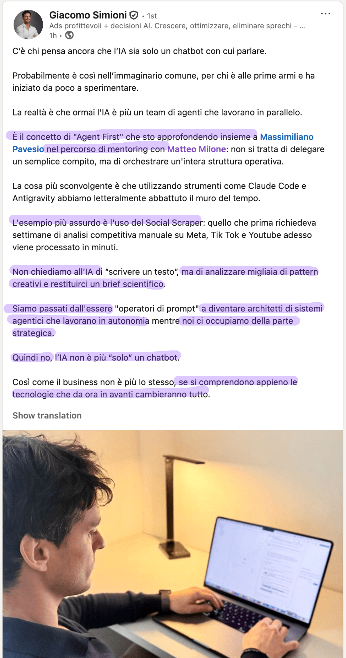 Giacomo Simioni - Post LinkedIn